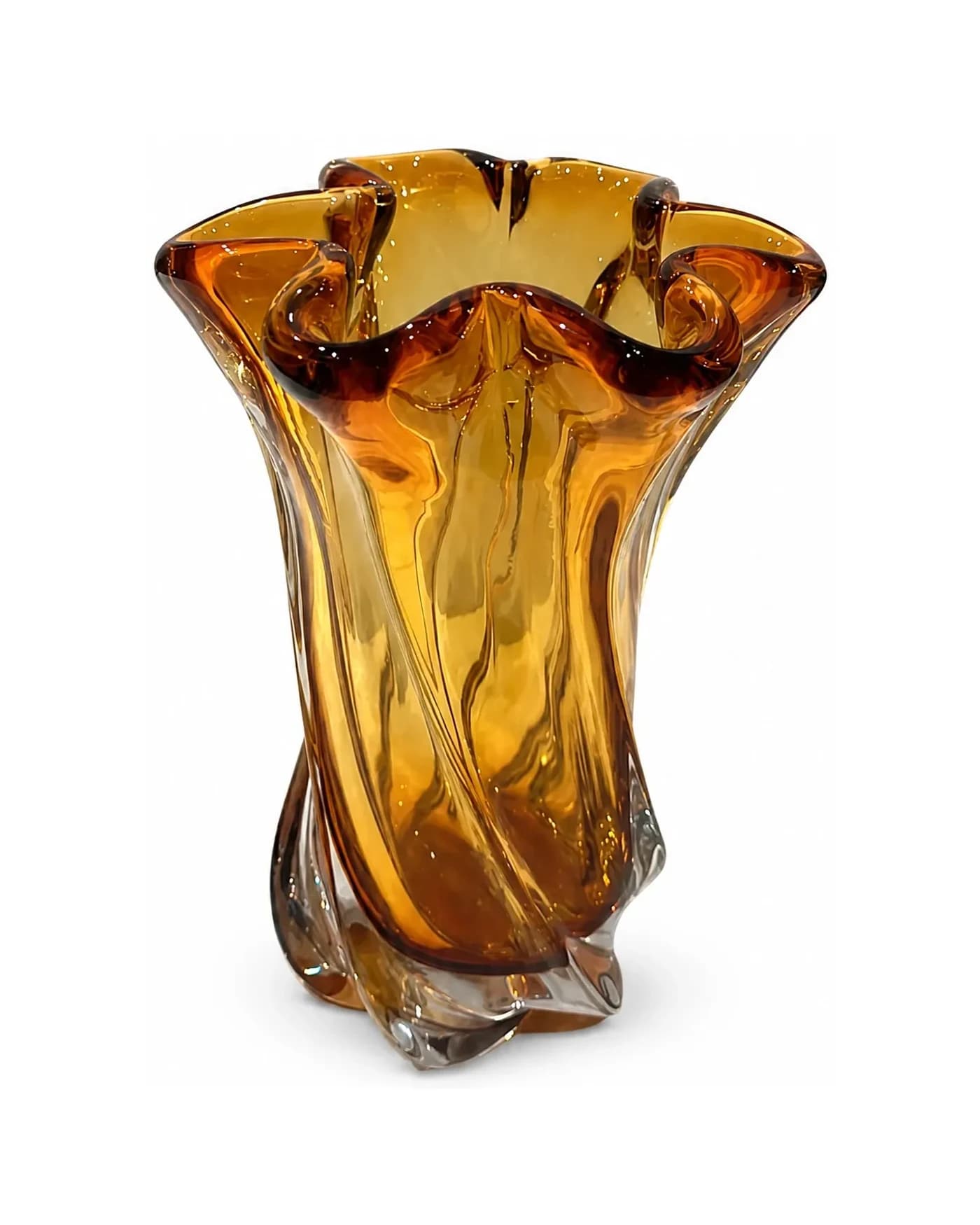 El Yapımı Amber Fırfırlı Cam Vazo — Büyük (20 cm)