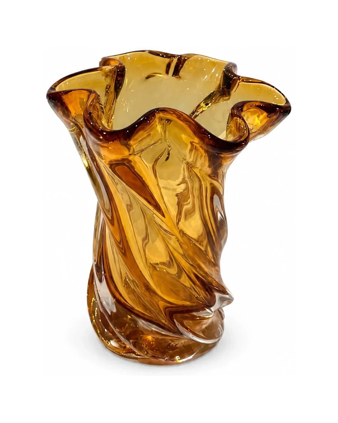 El Yapımı Amber Fırfırlı Cam Vazo — Orta (17 cm)